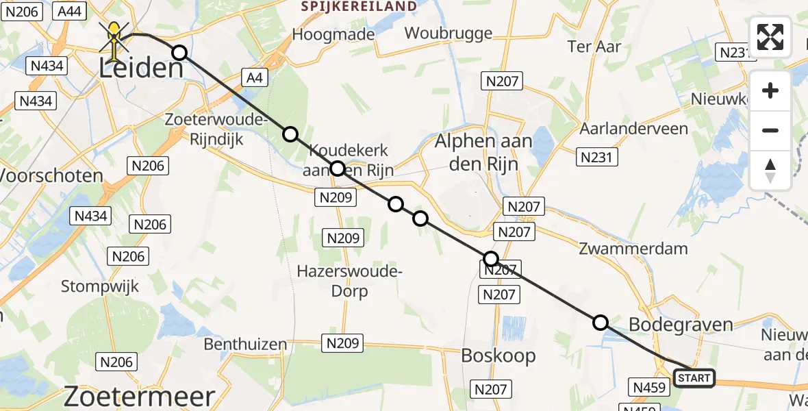 Routekaart van de vlucht: Lifeliner 1 naar Leiden, Goudseweg