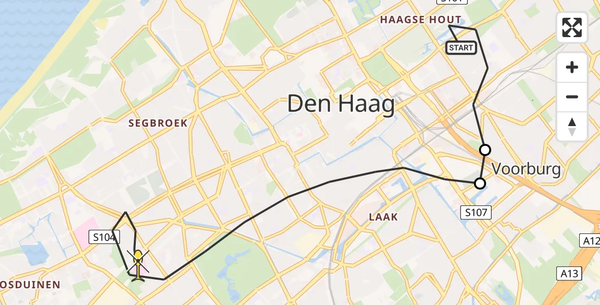 Routekaart van de vlucht: Lifeliner 2 naar Den Haag, Van Heutszstraat