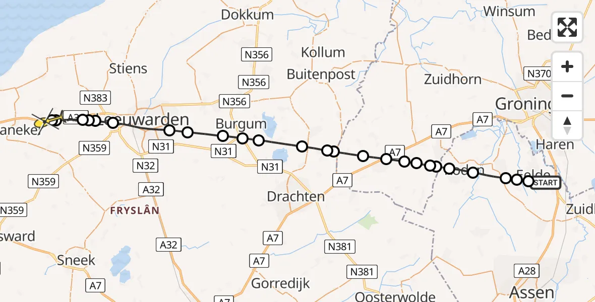 Routekaart van de vlucht: Lifeliner 4 naar Skingen, Koedijk