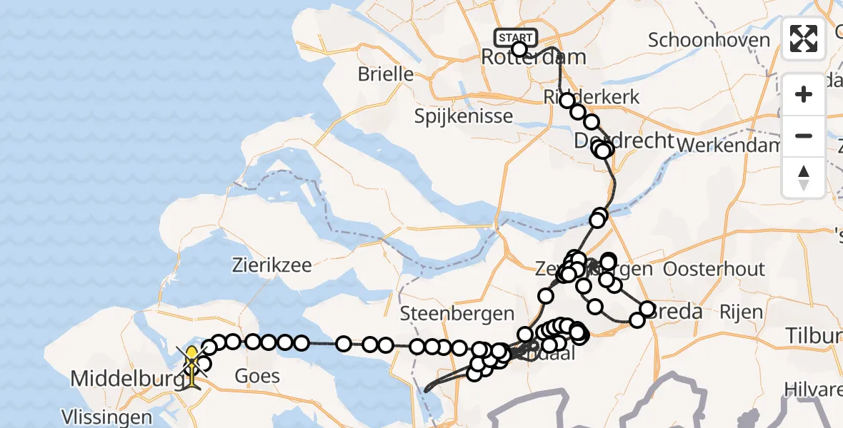 Routekaart van de vlucht: Politiehelikopter naar Vliegveld Midden-Zeeland, Park de Buitenplaats
