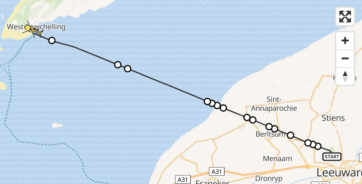 Routekaart van de vlucht: Ambulancehelikopter naar West-Terschelling, Keegsdijkje