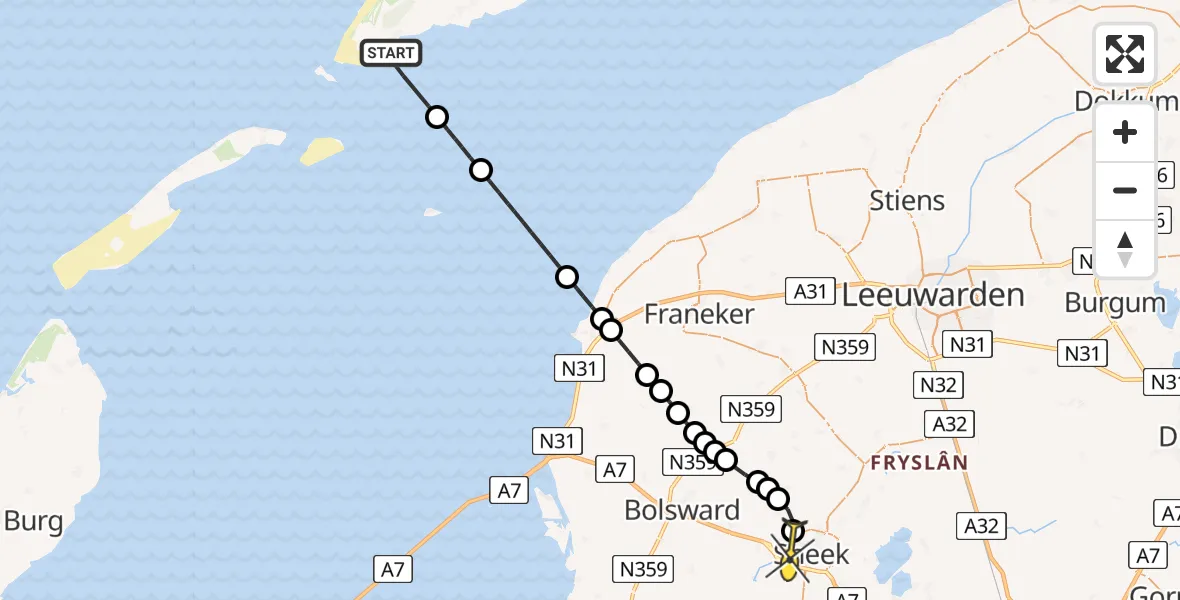 Routekaart van de vlucht: Ambulancehelikopter naar Sneek, Bolswarderbaan