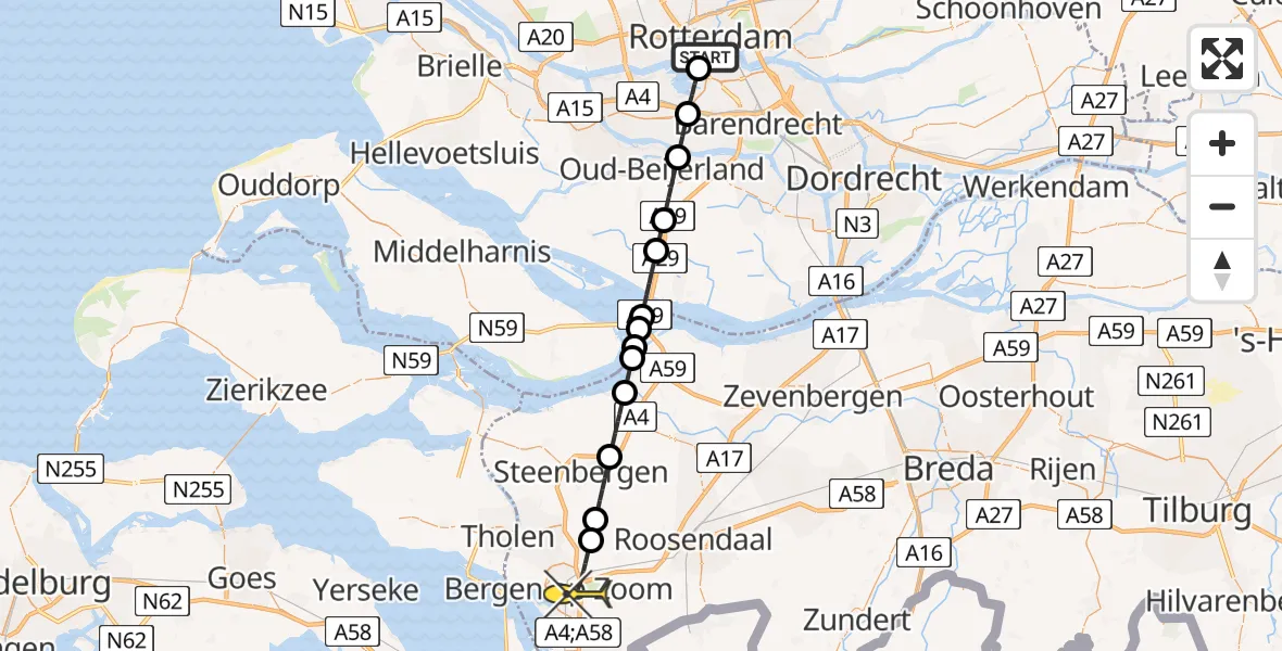 Routekaart van de vlucht: Lifeliner 2 naar Bergen op Zoom, Westzeedijk