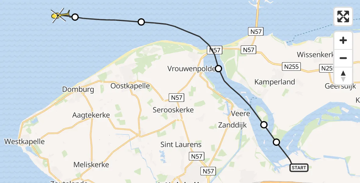Routekaart van de vlucht: Kustwachthelikopter naar Vlissingen, Oranjeplaatweg