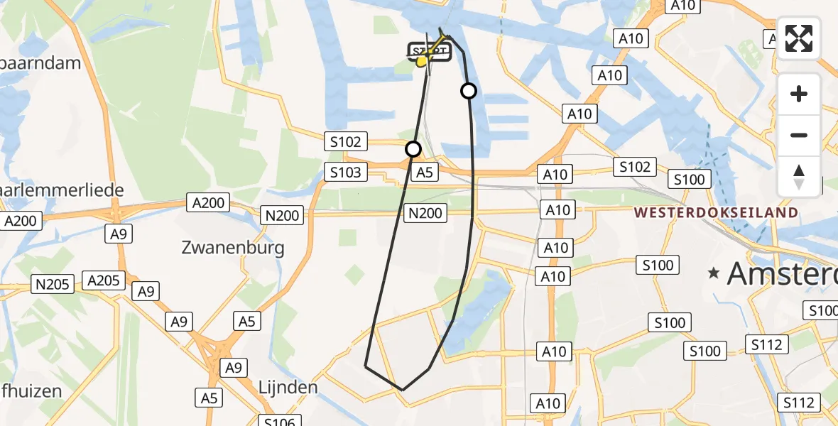 Routekaart van de vlucht: Lifeliner 1 naar Amsterdam Heliport, Westpoort