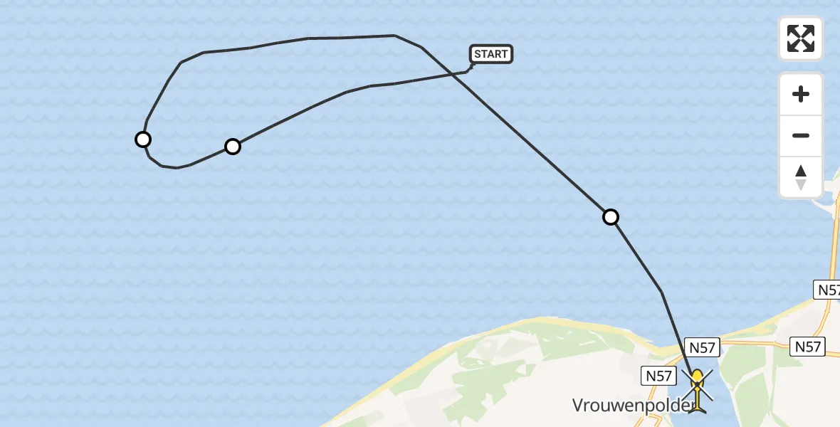 Routekaart van de vlucht: Kustwachthelikopter naar Vrouwenpolder, Oost-westweg