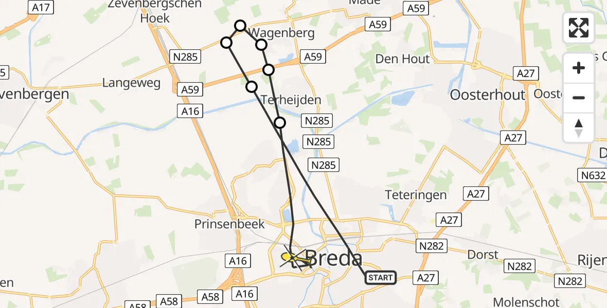 Routekaart van de vlucht: Lifeliner 2 naar Breda, Hertog Hendriklaan