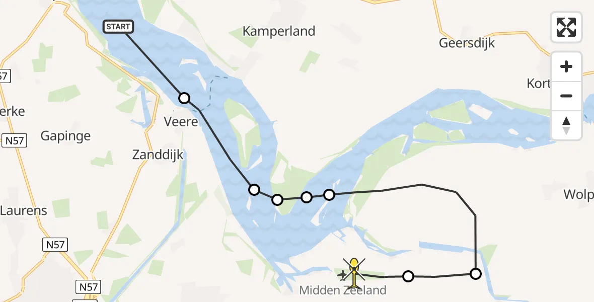 Routekaart van de vlucht: Kustwachthelikopter naar Vliegveld Midden-Zeeland, Havenhoofd