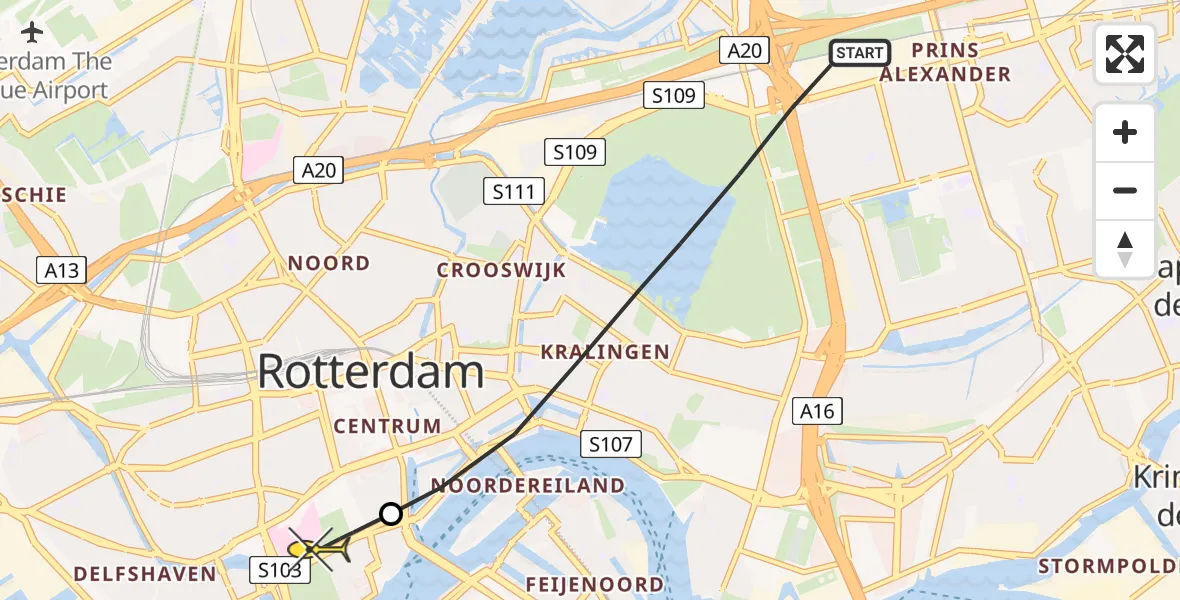 Routekaart van de vlucht: Lifeliner 2 naar Erasmus MC, Prinses Beatrixlaan