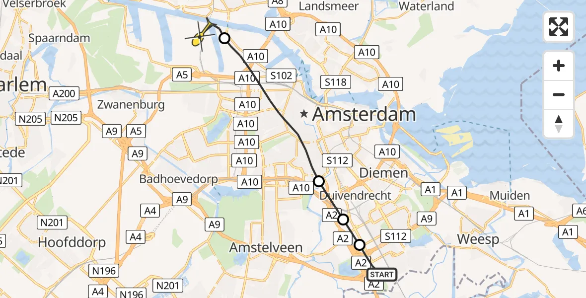 Routekaart van de vlucht: Lifeliner 1 naar Amsterdam Heliport, Snijdersbergweg