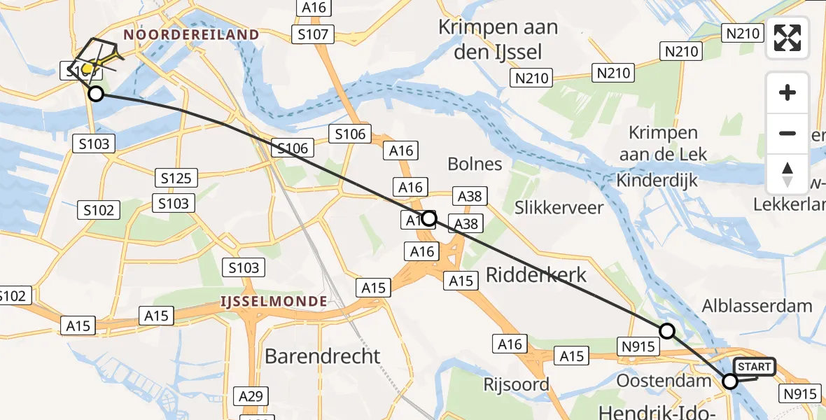 Routekaart van de vlucht: Lifeliner 1 naar Erasmus MC, Crezéepolderweg
