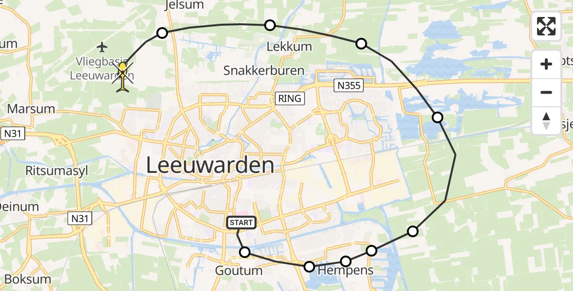 Routekaart van de vlucht: Ambulanceheli naar Vliegbasis Leeuwarden, Aldlânsdyk