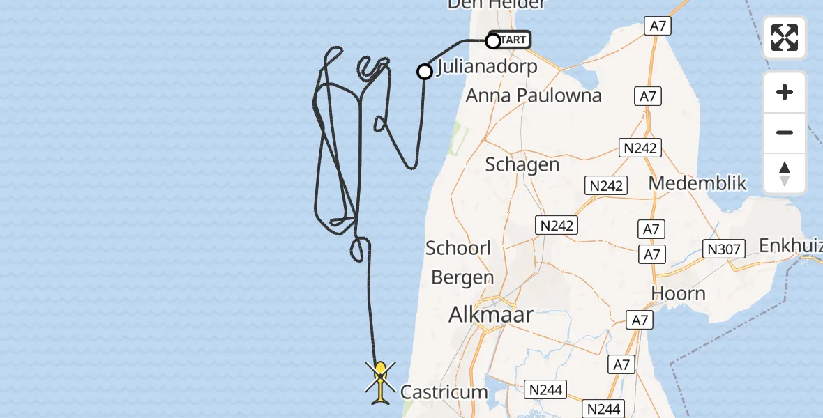 Routekaart van de vlucht: Kustwachthelikopter naar Middenvliet