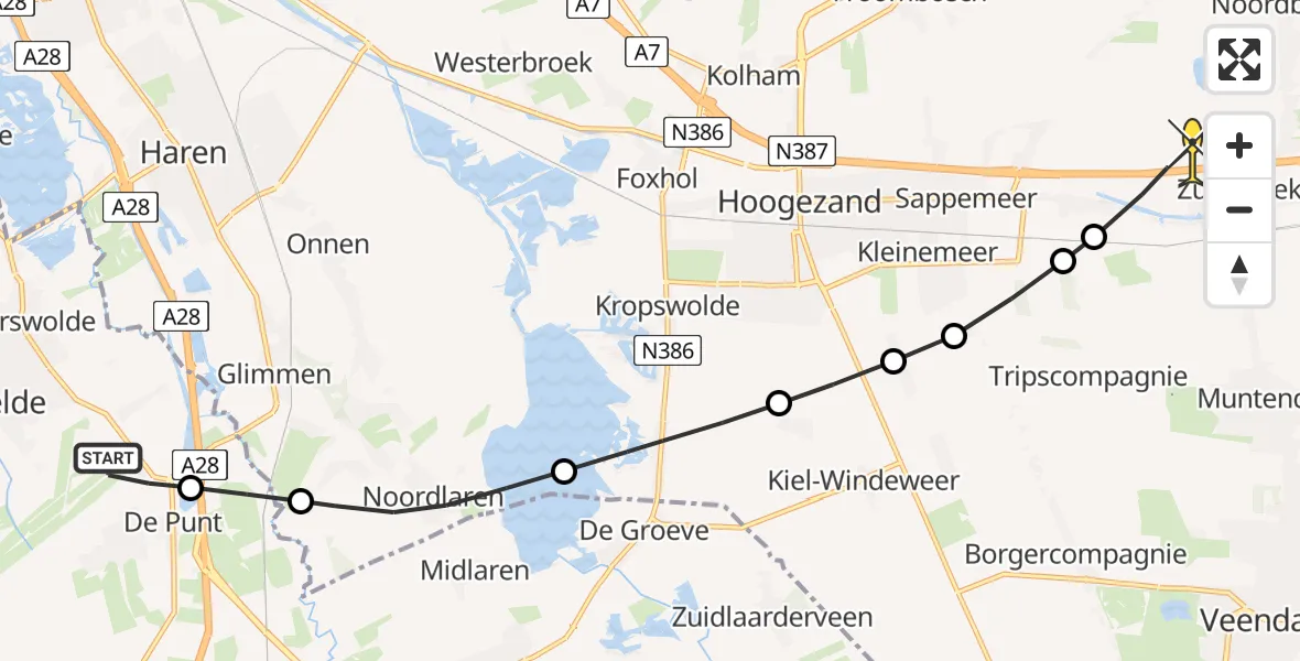 Routekaart van de vlucht: Lifeliner 4 naar Zuidbroek, Burgemeester J.G. Legroweg