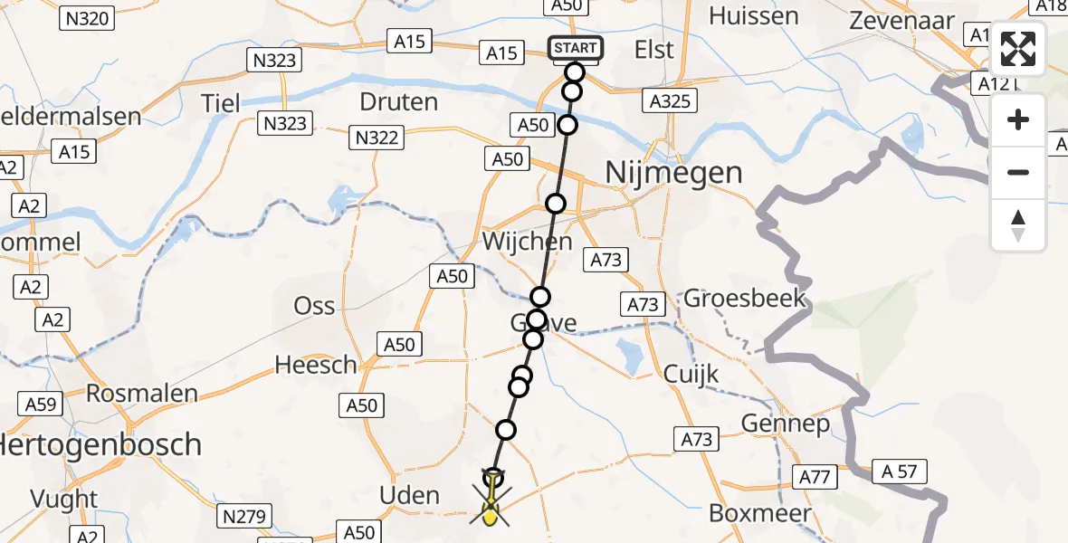 Routekaart van de vlucht: Lifeliner 3 naar Vliegbasis Volkel, Zeelandsedijk