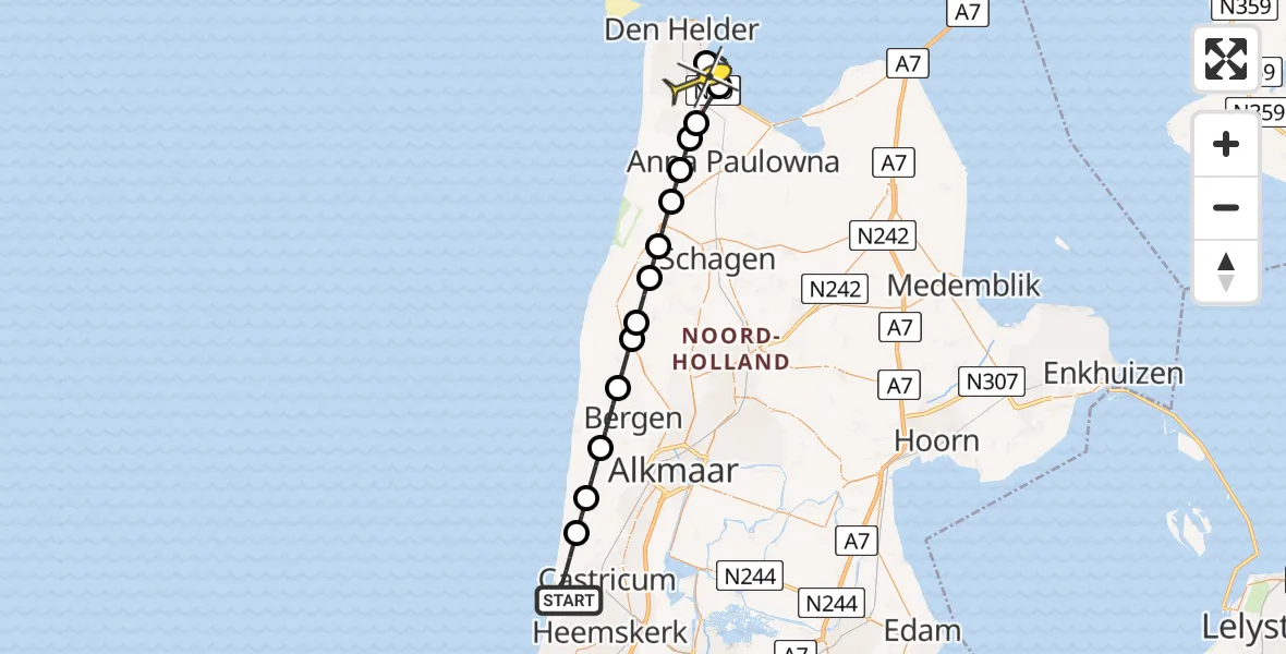 Routekaart van de vlucht: Kustwachthelikopter naar Vliegveld De Kooy, Van Oldenborghweg