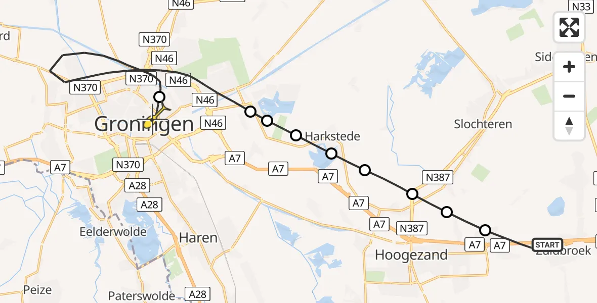 Routekaart van de vlucht: Lifeliner 4 naar Universitair Medisch Centrum Groningen, Parallelweg
