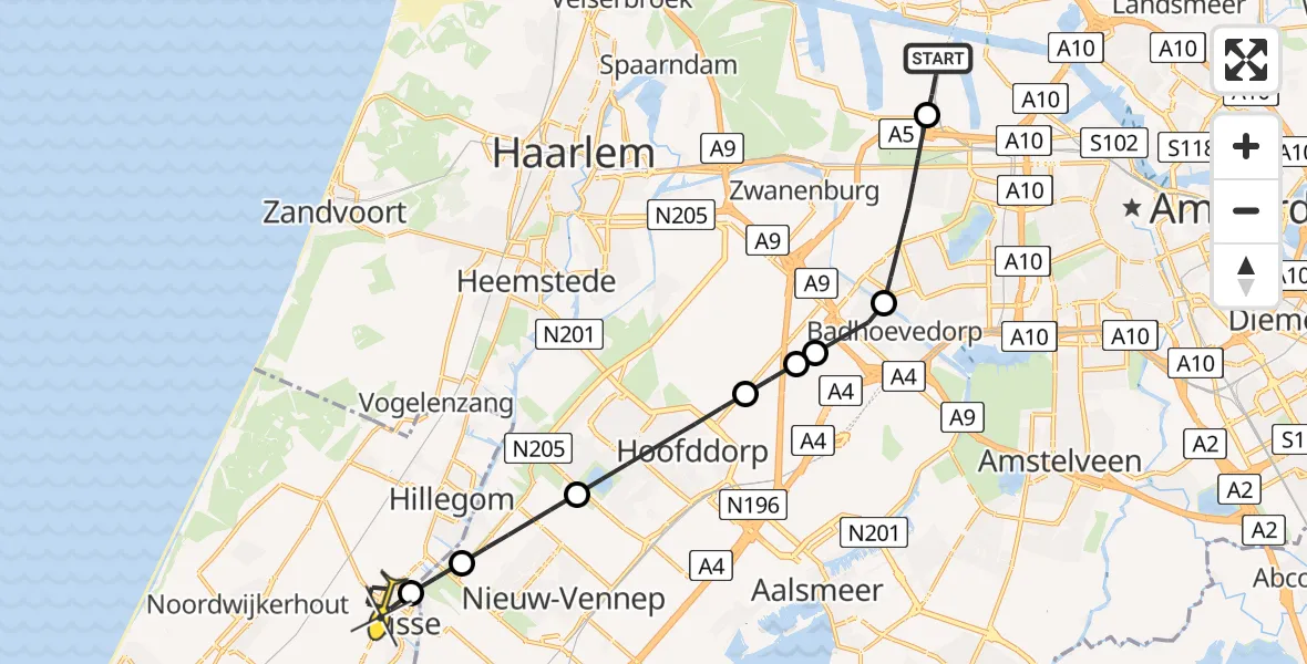Routekaart van de vlucht: Lifeliner 1 naar Lisse, Nieuw-Zeelandweg