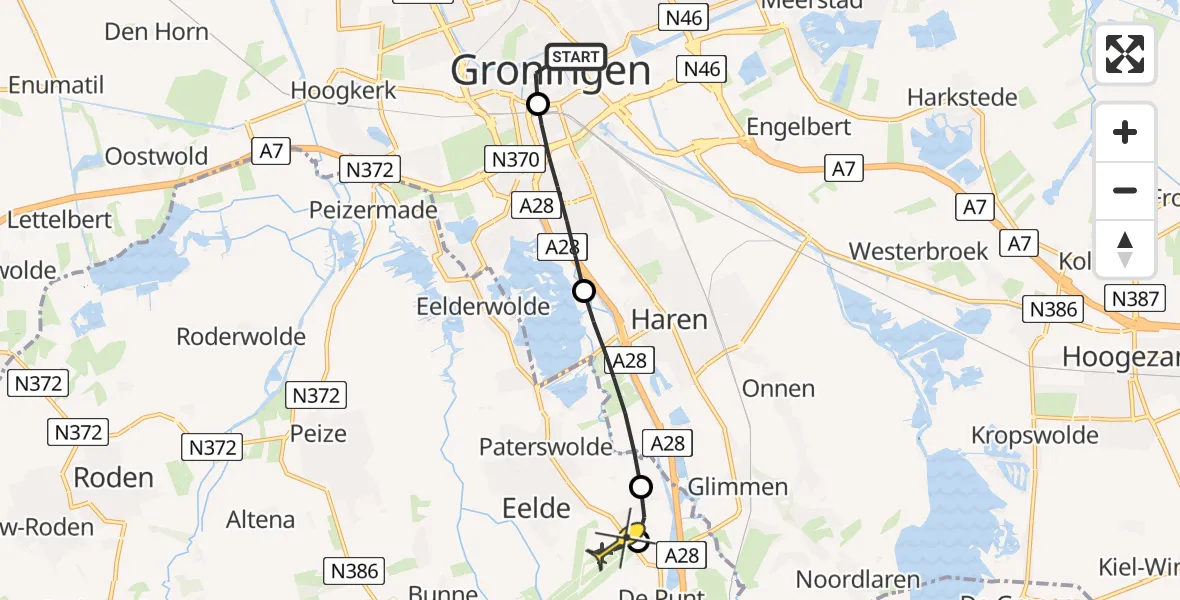 Routekaart van de vlucht: Lifeliner 4 naar Groningen Airport Eelde, Zwanestraat