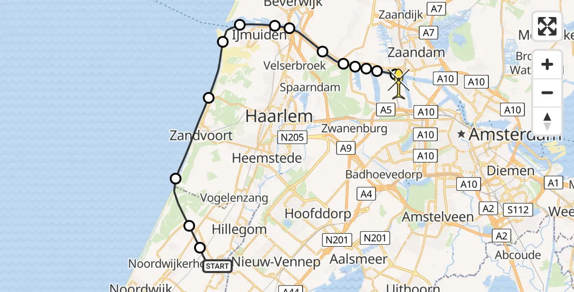Routekaart van de vlucht: Lifeliner 1 naar Amsterdam Heliport, Keukenhofbosch