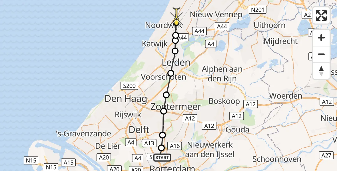 Routekaart van de vlucht: Lifeliner 2 naar Noordwijkerhout, A16 Rotterdam
