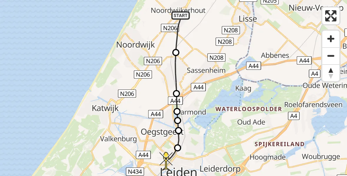 Routekaart van de vlucht: Lifeliner 2 naar Leiden, 's-Gravendamseweg
