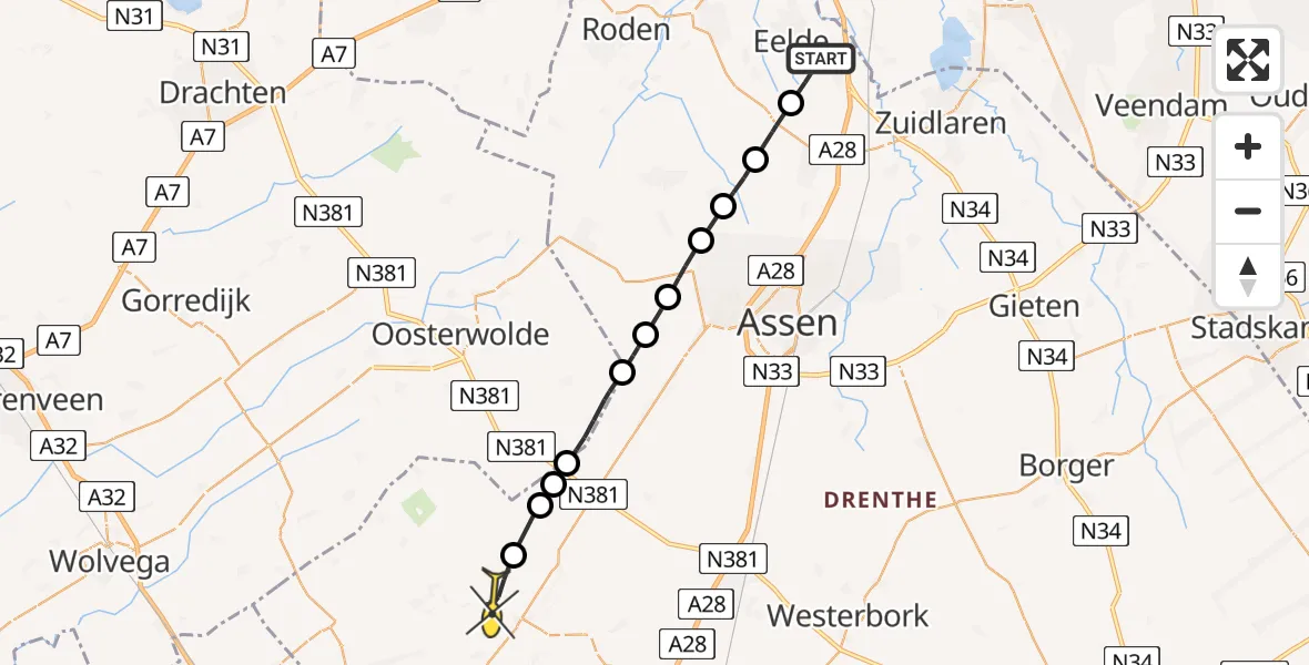 Routekaart van de vlucht: Lifeliner 4 naar Diever, Moespot