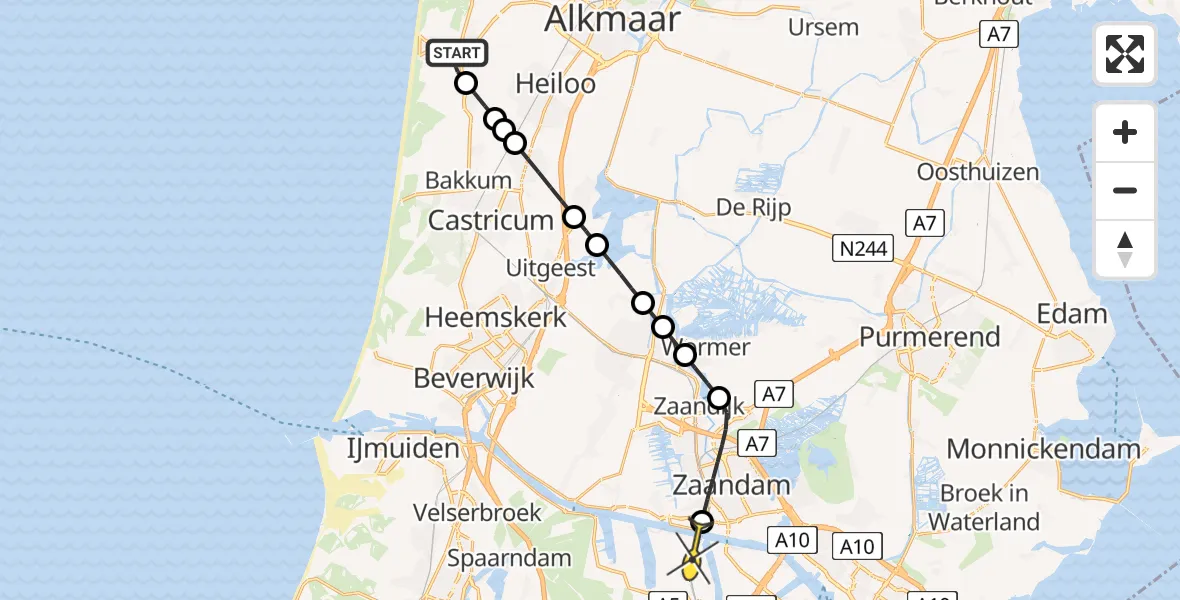 Routekaart van de vlucht: Lifeliner 1 naar Amsterdam Heliport, Weg naar de Bleek