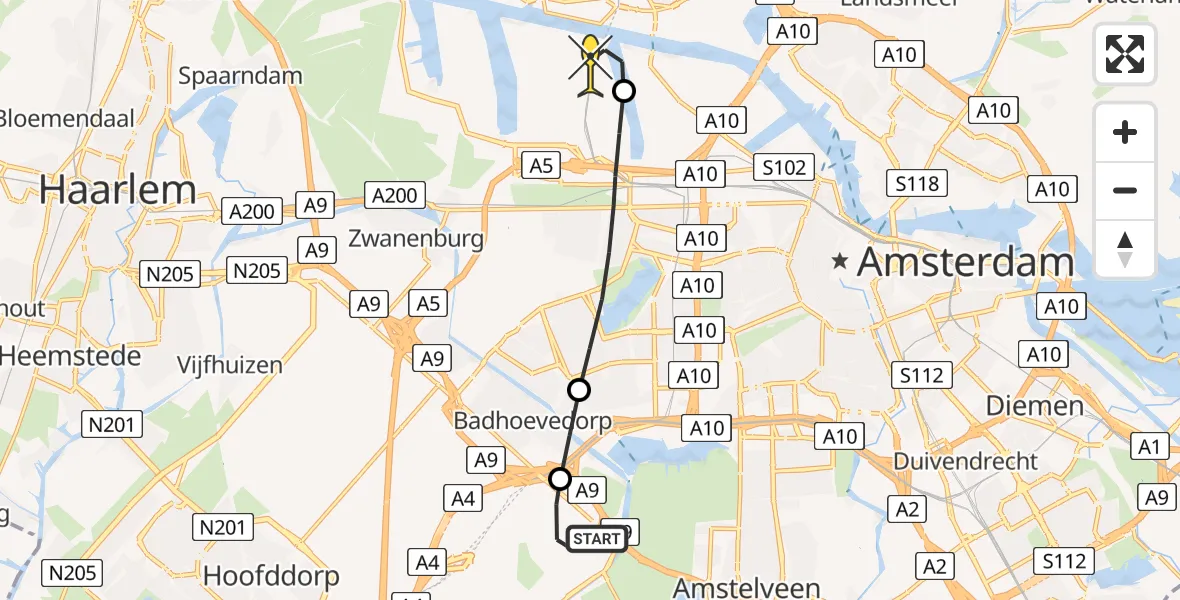 Routekaart van de vlucht: Politieheli naar Amsterdam Heliport, Loevesteinse Randweg