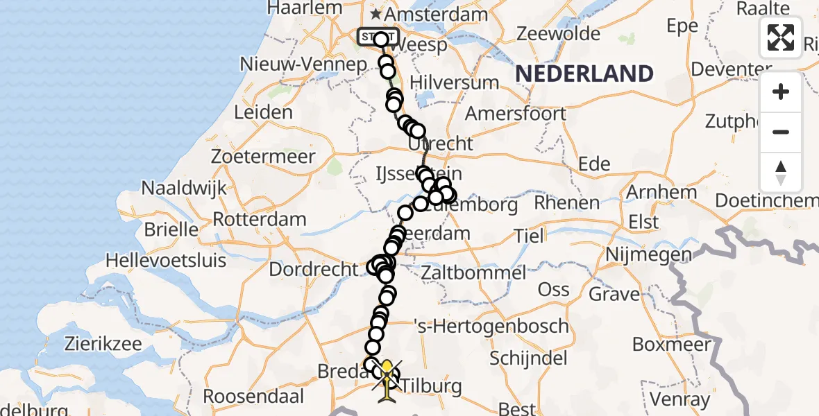 Routekaart van de vlucht: Politiehelikopter naar Vliegbasis Gilze-Rijen, Ouderkerkerdijk