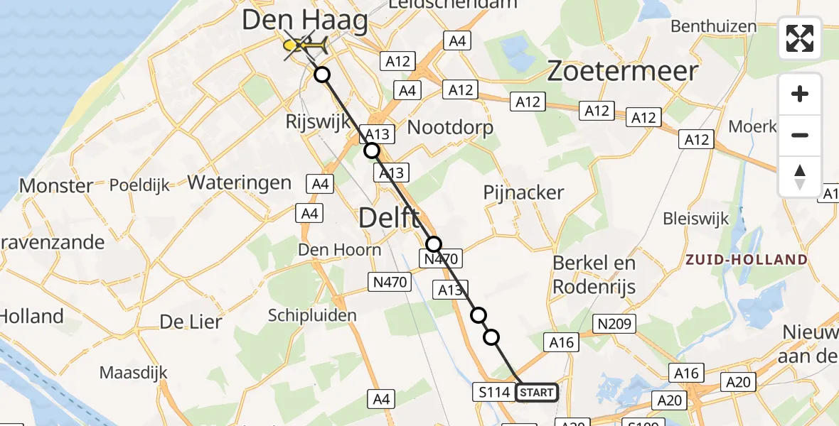 Routekaart van de vlucht: Lifeliner 2 naar Den Haag, Koningstraat