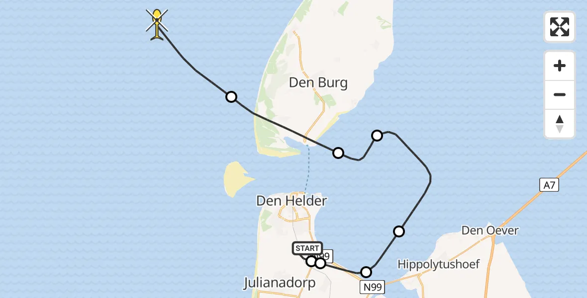 Routekaart van de vlucht: Kustwachthelikopter naar Middenvliet