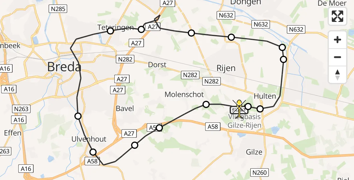 Vluchtroute Politiehelikopter van Vliegbasis Gilze-Rijen naar Vliegbasis Gilze-Rijen