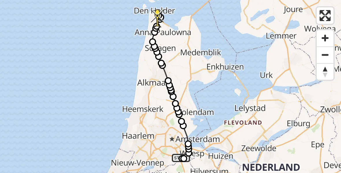 Routekaart van de vlucht: Kustwachthelikopter naar Vliegveld De Kooy, Hogendijk
