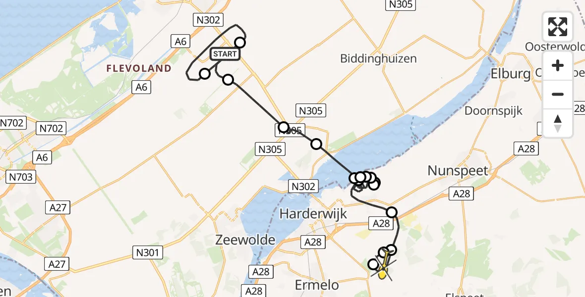 Routekaart van de vlucht: Politieheli naar Ermelo, RDW-testbaan