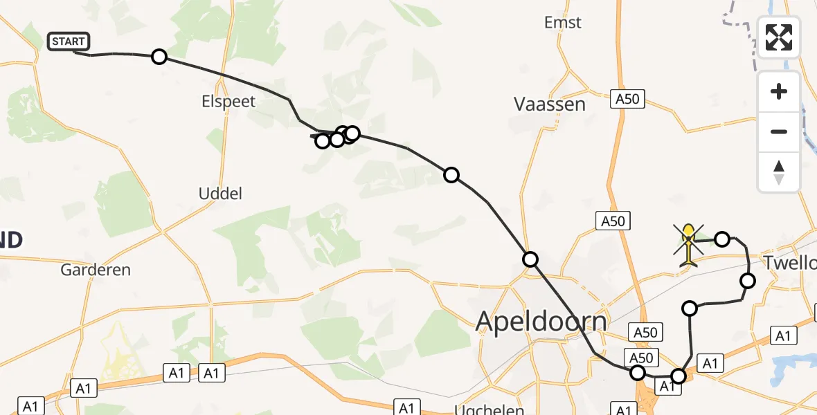 Routekaart van de vlucht: Politiehelikopter naar Vliegveld Teuge, Het Roode Koper