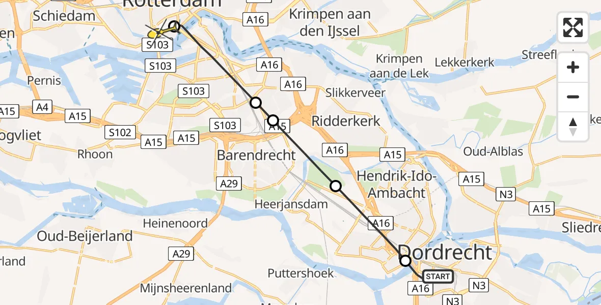 Routekaart van de vlucht: Lifeliner 2 naar Erasmus MC, Dordrecht-Centrum