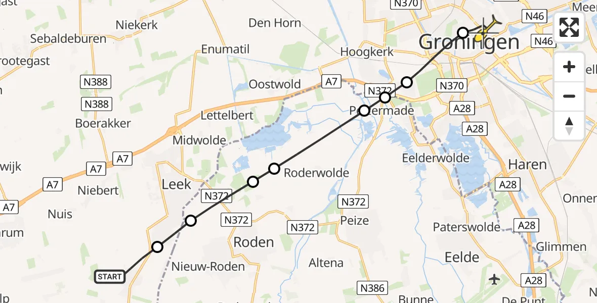 Routekaart van de vlucht: Lifeliner 4 naar Universitair Medisch Centrum Groningen, Evertswijk