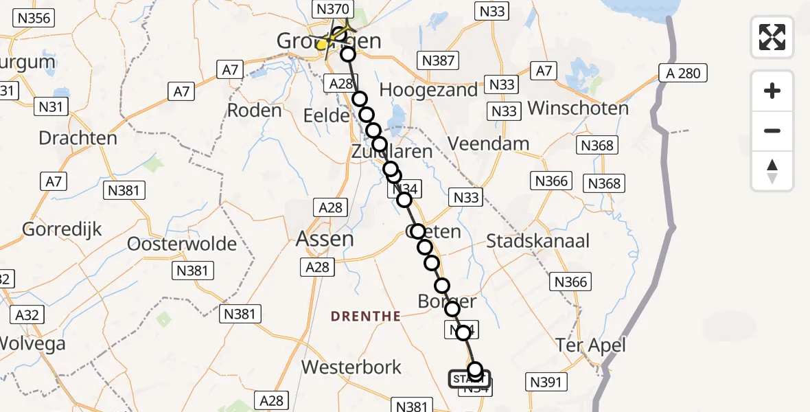 Routekaart van de vlucht: Lifeliner 4 naar Universitair Medisch Centrum Groningen, Hammeersweg