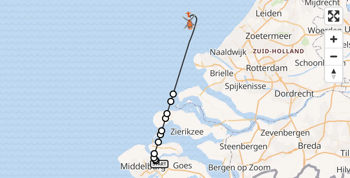 Vluchtroute Kustwachthelikopter Vliegveld Midden-Zeeland - , 02 december 2025, 21:45