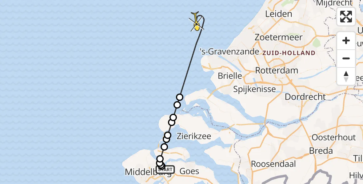 Routekaart van de vlucht: Kustwachthelikopter naar Lamsoor