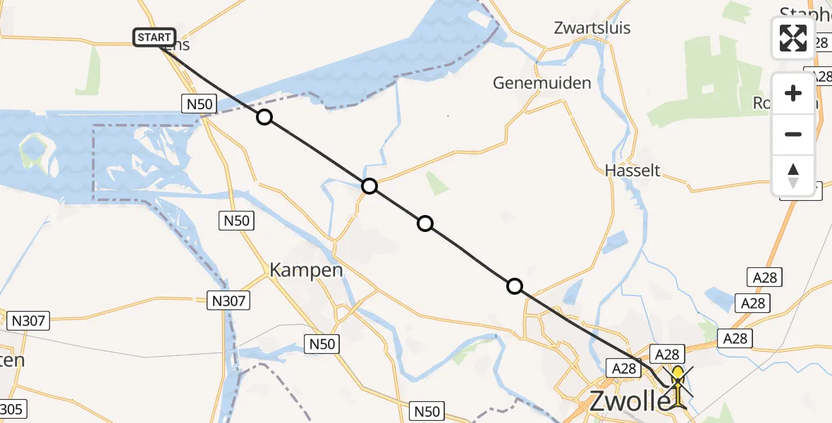 Routekaart van de vlucht: Lifeliner 1 naar Zwolle, Waterkant
