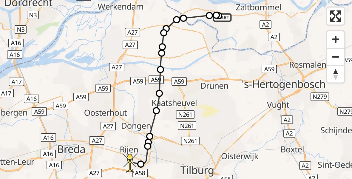 Routekaart van de vlucht: Politieheli naar Vliegbasis Gilze-Rijen, Capreton