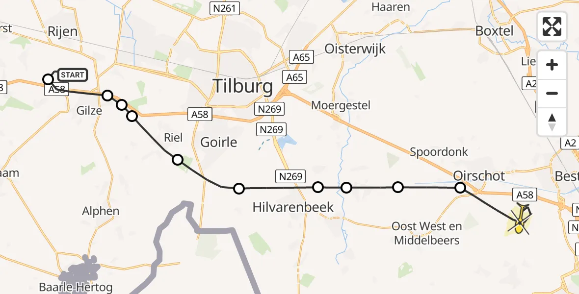 Routekaart van de vlucht: Politieheli naar Oirschot, Eindhovensedijk
