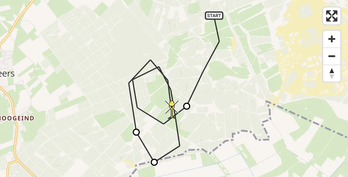 Routekaart van de vlucht: Politieheli naar Oost West en Middelbeers, gietepadje