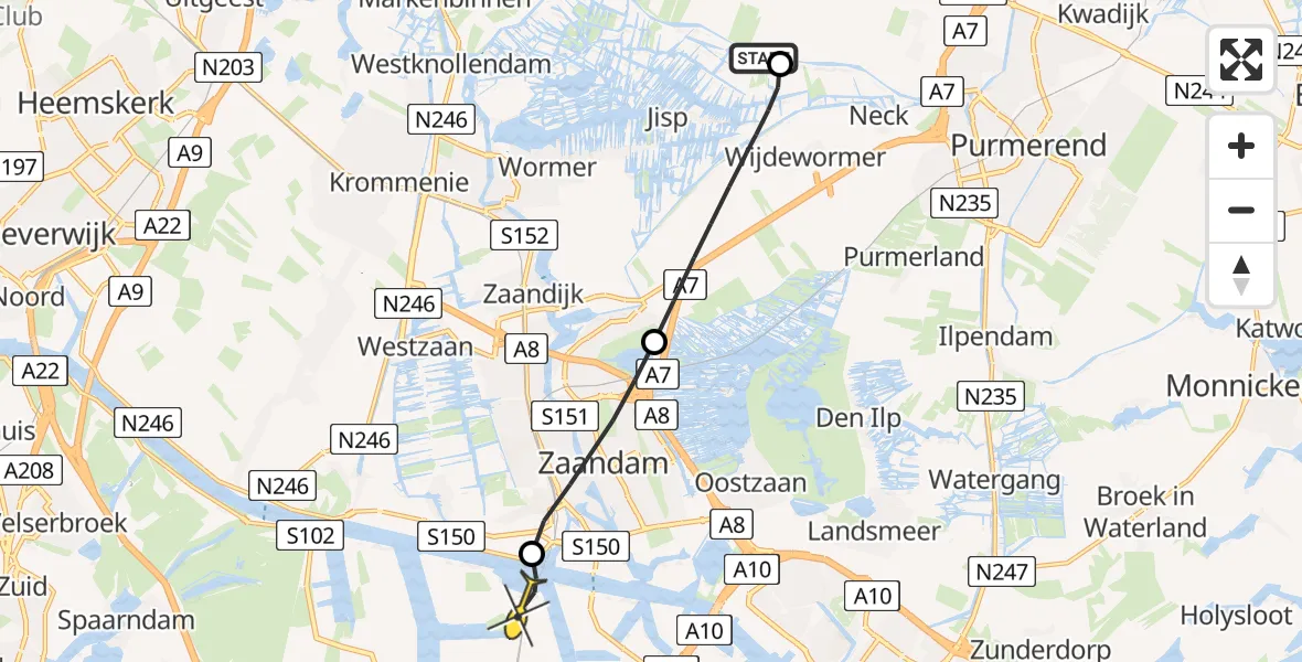 Routekaart van de vlucht: Lifeliner 1 naar Amsterdam Heliport, Jisperdijk