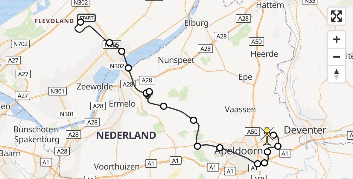 Routekaart van de vlucht: Politiehelikopter naar Vliegveld Teuge, Emoeweg