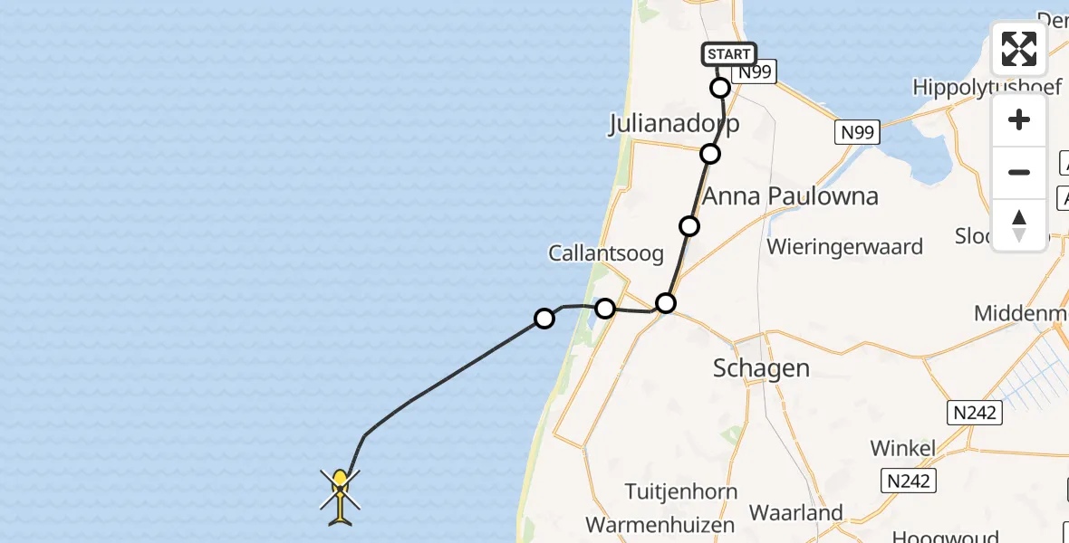 Routekaart van de vlucht: Kustwachthelikopter naar Middenvliet