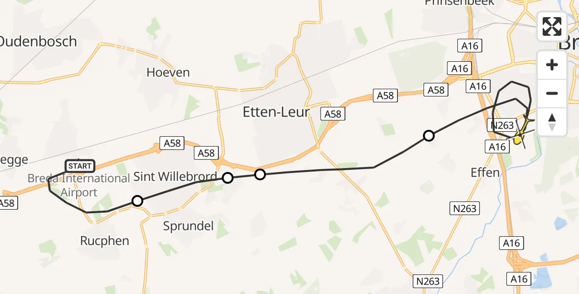 Routekaart van de vlucht: Politieheli naar Breda, Roosendaalsebaan