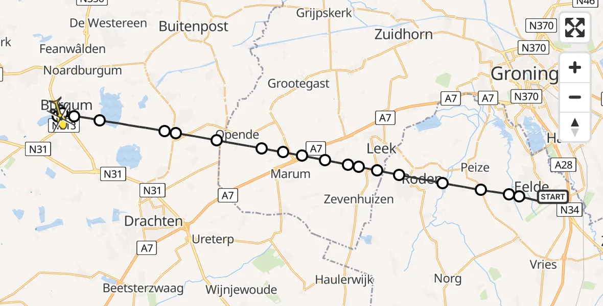 Routekaart van de vlucht: Lifeliner 4 naar Burgum, Veldkampweg